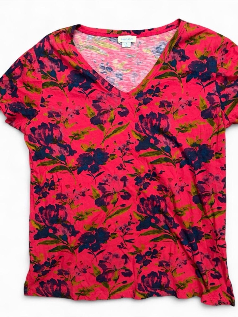 Sundance Hot Pink Floral V-Neck Tee with Navy & Olive Print